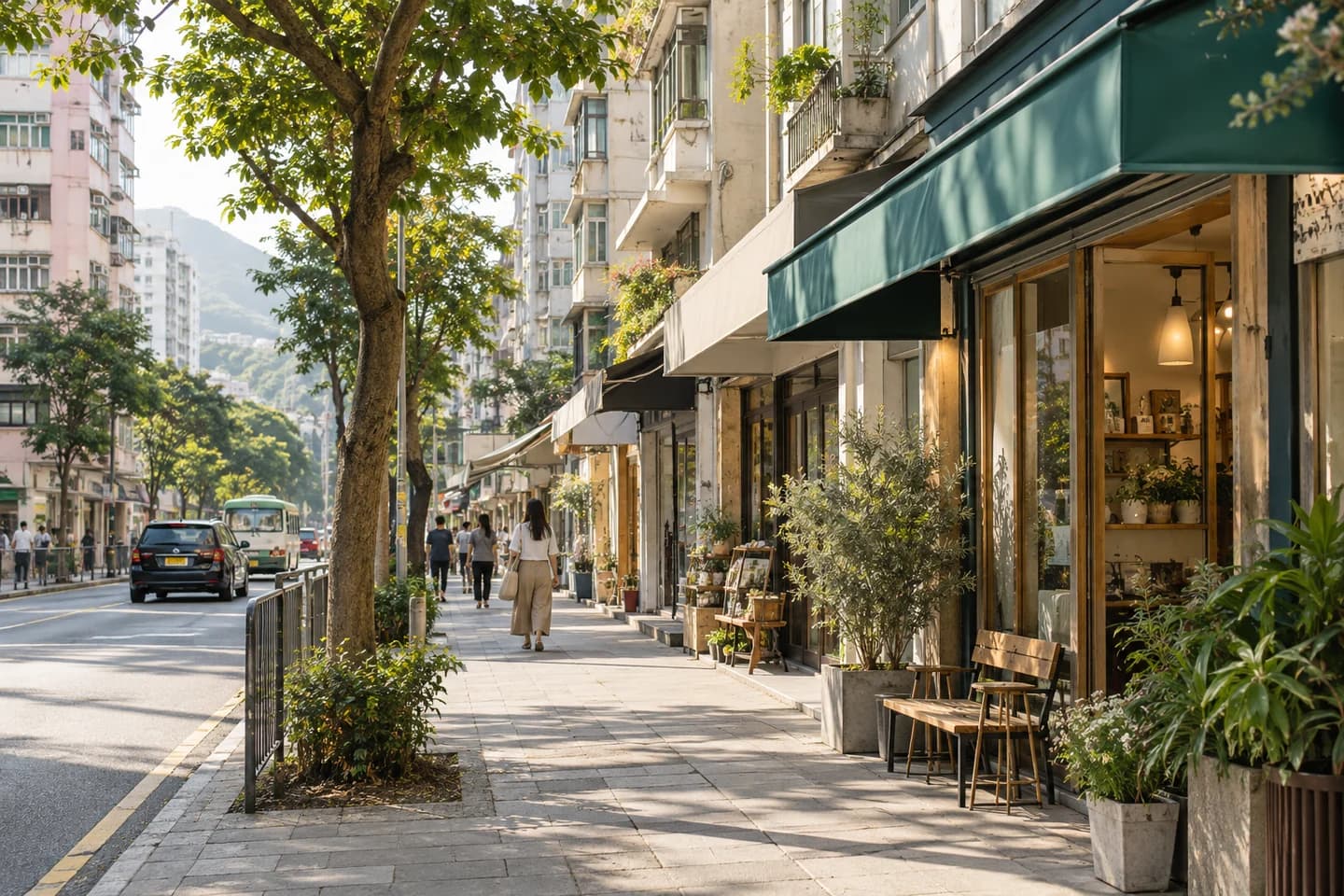 A residential neighbourhood with shops and a walkable pavement