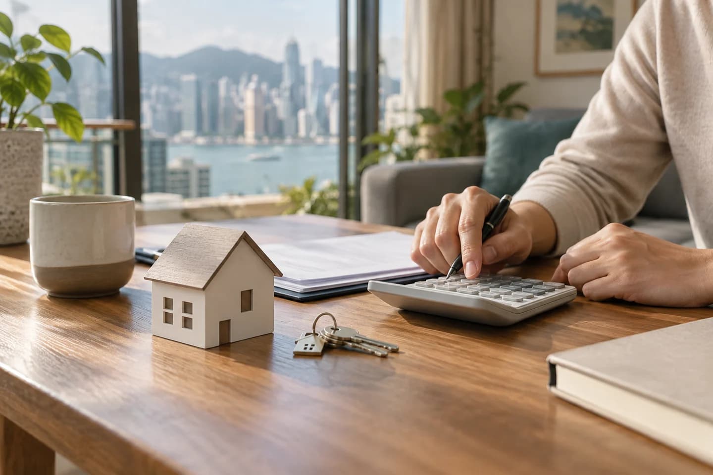 Housing documents, a calculator and keys arranged on a table